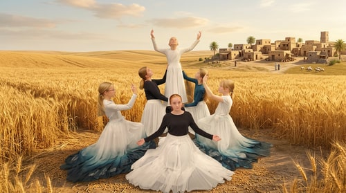 AI Design for make a background of wheat fields to the picture, with a biblical village far in the far background