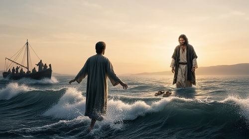 AI Design for make jesus look loving, no rays behind jesus, jesus waking on water to see his shoes