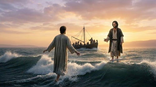 AI Design for make jesus hair same like peters. make the boat behind peter