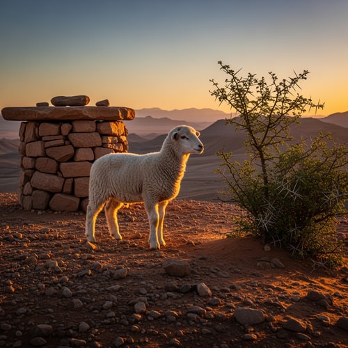 AI Design for picture of a lamb standing on a hill in a desert, next to a thorny bush and an altar made of natural stones