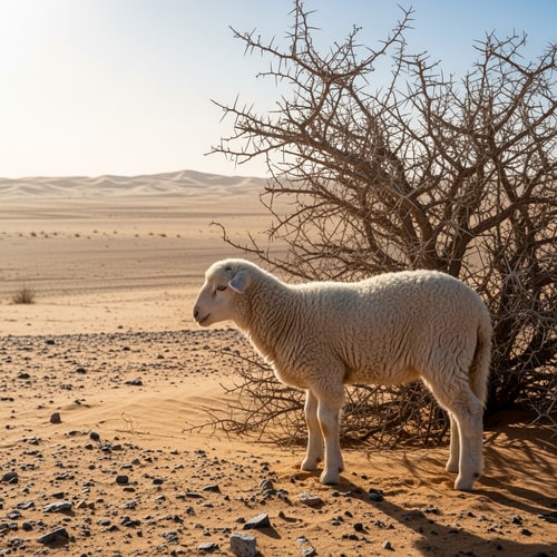 AI Design for picture of a lamb in a desert standing next to a thorny bush