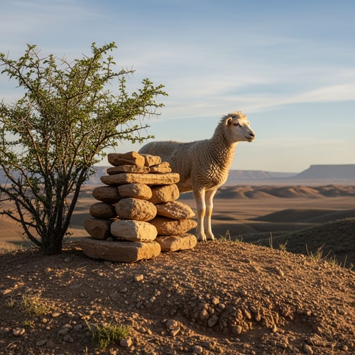 AI Design for picture of a lamb standing on a hill in a desert, next to a thorny bush and an altar made of natural stones