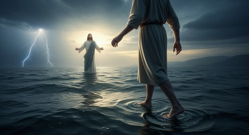 AI Design for make picture of peter walking on the water towards jesus
