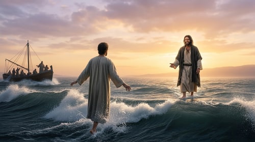 AI Design for make jesus look more loving, no rays behind jesus, jesus walking on water to you se his feet on the water