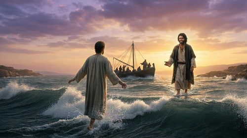 AI Design for make peter walking away from the boat behind him towards jesus