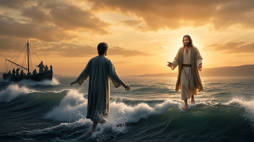 AI Design for make jesus look more loving, no rays behind jesus, jesus walking on water to you se his feet