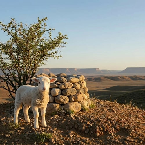 AI Design for make the lamb stand in front of the altar on the left side , make the altar of round natural stones