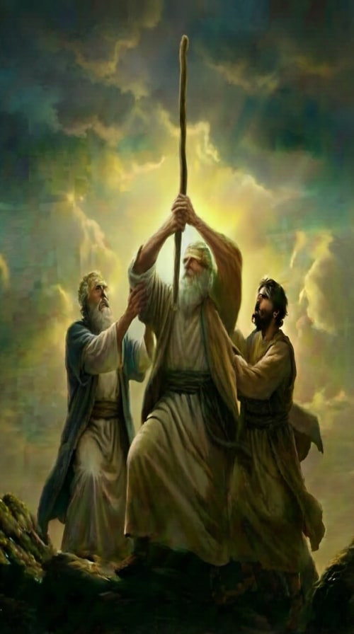 AI Design for Keep the entire scene the same, but adjust the pose so that the man on the left is holding Moses by the elbow to support his arm