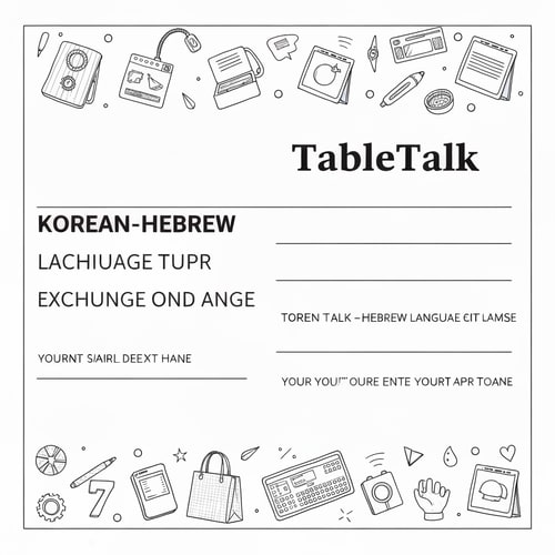 AI Design for Template for a flier announcing Korean-Hebrew language exchange meetings. White background, doodle-style related graphics, title: TableTalk and enough space for the text to be added later.