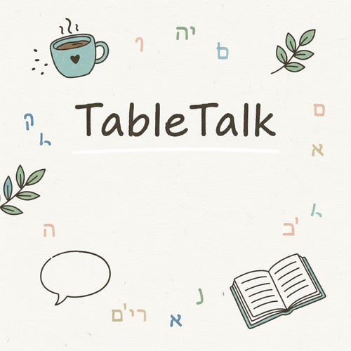 AI Design for Template for a flier announcing Korean-Hebrew language exchange meetings. Vibe - warm, relational, not educational, not formal. Like a coffee-shop chalkboard style, but white background, cute doodle-style related graphics and vignettes around, possibly some hebrew and hangul letters. Title: TableTalk. No text apart from the title, but enough space in the middle for the text to be added later. no frame necessary