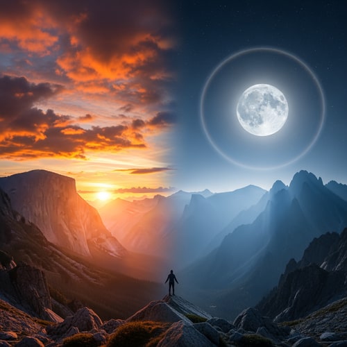 AI Design for beautiful image illustrating Psalm 121. specific points: mountains, sun and moon