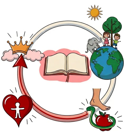 AI Design for The area highlighted in semi-transparent red in this image indicates where to make changes. bring the bible, the crown in the clowds, and the end of the line with the arrow lower