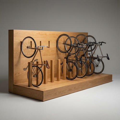 AI Design for A minimalist wooden bicycle display stand designed for a bicycle shop. The structure is made entirely of natural oak wood. It consists of a rectangular oak platform, 20 cm high, with a smooth natural wood finish. Rising from the back of the platform is a vertical oak wall, 115 cm high, also made of natural oak. The wall contains evenly spaced vertical slots designed to securely hold bicycle wheels, allowing multiple bicycles to stand neatly and upright. The bicycles are positioned according to a simple technical sketch, with their wheels inserted into the slots. The overall design is clean, modern, and functional, emphasizing craftsmanship, natural materials, and retail presentation. Studio lighting, neutral background, realistic proportions.