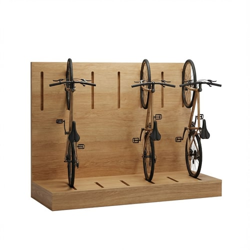 AI Design for Rotate tharea of a simple technical sketch; all other areas remain white with no background. The stand is made entirely of natural oak wood. It consists of a flat oak platform, 20 cm high, on which the bicycles stand upright. Both bicycle wheels are on the floor and fully vertical, with the wheels perpendicular to the floor and parallel to each other.
From the back of the platform rises a thick vertical oak wall, 115 cm high, made of natural oak. The wall includes evenly spaced slots designed to receive the front wheels of the bicycles, helping them stand neatly and in an organized row. The bicycles are not hanging and are not lifted off the ground in any way.
Rotate the entire image so that the bicycle wheels appear parallel to the floor. The thin side of the display stand is positioned on the floor, and the thicker side is oriented upward. The overall style is clean, minimal, realistic, and suitable for a professional retail environmene entire image so that the bicycle wheels appear parallel to the floor