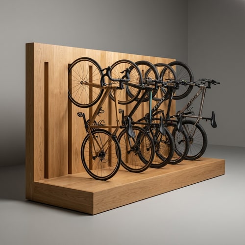 AI Design for A minimalist wooden bicycle display stand designed for a bicycle shop. The structure is made entirely of natural oak wood. It consists of a rectangular oak platform, 20 cm high, with a smooth natural wood finish. Rising from the back of the platform is a vertical oak wall, 115 cm high, also made of natural oak. The wall contains evenly spaced slots designed to securely hold bicycle wheels, allowing multiple bicycles to stand neatly. The bicycles are positioned according to a simple technical sketch, with their wheels inserted into the slots. The overall design is clean, modern, and functional, emphasizing craftsmanship, natural materials, and retail presentation. Studio lighting, neutral background, realistic proportions.