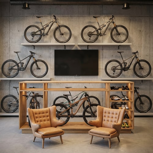 AI Design for להלן ניסוח ברור ומסודר באנגלית, בפורמט שמתאים כפרומפט (למשל לעיצוב, הדמיה או AI):

**Prompt (English):**

This is a bicycle shop interior.
The back wall is made of exposed concrete. Dark metal shelves are mounted on this wall, and bicycles are displayed on them. In the drawing, the shelves appear in a very light tone, almost invisible. Place professional mountain bikes and high-end electric bikes on these shelves.

At the center of the back wall, there is a 75-inch television.

In front of the back wall, there is a freestanding shelving and display system positioned in the center of the space. This display system does not lean on or connect to any wall. It is made of natural oak wood. The system is divided into sections: some sections display bicycles, and other sections display cycling shoes.

In front of the shelving system, there are two seating armchairs made of natural leather.