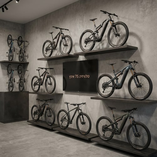 AI Design for בשמחה 🙂
הנה תרגום חדש, קצר וברור באנגלית, מנוסח כפרומפט:

**Prompt (English):**

This is a bicycle shop.
The wall is finished in an exposed concrete tone. Dark metal shelves are mounted on the wall, and bicycles are placed on them. In the drawing, the shelves appear in a very light, almost subtle color.

Display professional mountain bikes and high-end electric bikes on these shelves.

At the center of the wall, there is a 75-inch television.