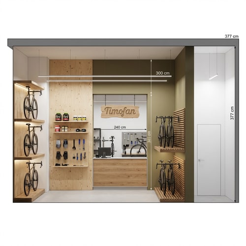 AI Design for Architectural section drawing of a bicycle shop interior, showing a sequence of connected planes with different depths. The planes are aligned along a continuous axis, but each plane has a different depth, creating a stepped spatial composition.
The first plane on the right contains the entrance door to the restroom. Both the door and this wall plane are painted white, clean and minimal.
The next plane continues from the restroom plane but projects forward toward the viewer. This plane displays two vertical levels of bicycles arranged side by side. The bicycles are mounted on wooden racks that hold the rear wheel. Behind the bikes, a wooden platform with evenly spaced grooves secures the wheels, making the wooden rack system clearly visible. The entire wall of this bicycle display plane is painted in a strong khaki color.
The next plane is the cashier area. It continues along the same axis but is recessed deeper into the space than the bicycle display, meaning the bicycle racks are positioned in front of both the cashier and the restroom wall. This area is wide, with an opening height of 240 cm. The overall ceiling height of the entire section is 377 cm from floor level.
The cashier plane features a counter with a natural wood front finish. Above the counter hangs the shop sign, suspended by chains. The sign is made of wood, with the business name “Timofan” carved in a wood-chip cut style. Behind the cashier is a bicycle repair workshop, not fully drawn, but visually accessible so that someone standing at the counter can look into the repair area.
Adjacent to the cashier, on a continuous plane reaching all the way to the ceiling, there is a natural plywood wall panel. Mounted on it are three wooden shelves. The remaining surface of the plywood panel is perforated, allowing wooden pegs for hanging accessories. Display various bicycle-related items such as nutritional supplements, gloves, and riding accessories on this board.
The next plane is rotated ninety degrees relative to the previous planes. On this perpendicular plane are three wooden shelves stacked vertically. Each shelf displays a very unique, high-end, and expensive bicycle model. Integrated lighting is installed beneath each shelf, illuminating the bicycles below.
The rest of the space is illuminated by linear light strips suspended from the ceiling at a height of 300 cm.
Style: clean architectural section, modern bicycle shop interior, natural materials, realistic lighting, high detail, professional architectural visualization
