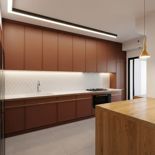 AI Design for סגור 👌
הנה הפרומט המעודכן בעברית, ואז התרגום המלא לאנגלית:
---
### 🔹 פרומט בעברית
> מטבח מודרני ומואר, שמירה על מבנה המטבח הקיים. החלפת הארונות התחתונים לצבע חום חמרה כהה, עם נוכחות עדינה של חומר עץ טבעי שמוסיף חמימות. משטח השיש נשאר בגוון לבן נקי וחלק. חיפוי הקרמיקה על הקיר מוחלף לקרמיקה לבנה בצורת מעוינים קטנים, בסגנון נקי ואלגנטי. מעל השיש מותקנים ארונות גבוהים שמגיעים עד התקרה, בעיצוב מודרני ואחיד, ונמשכים עד לקצה החדר בצד ימין. שילוב של סגנון מודרני עם נגיעות עץ חמות, מראה יוקרתי, ריאליסטי ואיכותי, תאורה טבעית ומאוזנת.
---
### 🔹 English Prompt
> A bright, modern kitchen while maintaining the existing layout. The lower cabinets are replaced with a dark terracotta brown color, featuring subtle natural wood elements that add warmth. The countertop remains a clean, smooth white surface. The wall backsplash is replaced with small white diamond-shaped ceramic tiles, creating a clean and elegant look. Above the countertop, tall upper cabinets are installed, reaching all the way to the ceiling and extending to the right edge of the room, with a uniform modern design. A modern style combined with warm wood accents, luxurious appearance, highly realistic, high-quality rendering, with balanced natural lighting.