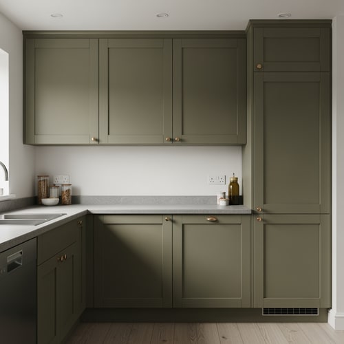 AI Design for Edit the kitchen image so the cabinets in the sink area are changed to a dark khaki green color. Change the countertop to a healthy gray tone. Modify the upper cabinets above the work surface so they are taller and match the same height as the cabinets in the refrigerator area, creating a uniform and continuous cabinet height throughout the entire kitchen. Keep the overall layout, lighting, and materials realistic and consistent with the original image.”