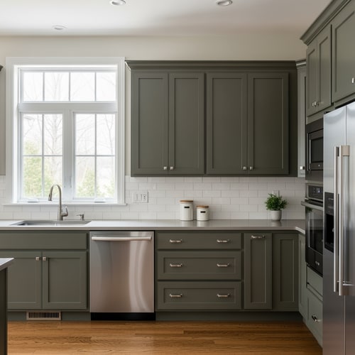 AI Design for Edit the kitchen image so the cabinets in the sink area are changed to a dark khaki green color. Change the countertop to a healthy gray tone. Modify the upper cabinets above the work surface so they are taller and match the same height as the cabinets in the refrigerator area, creating a uniform and continuous cabinet height throughout the entire kitchen. Keep the overall layout, lighting, and materials realistic and consistent with the original image.”