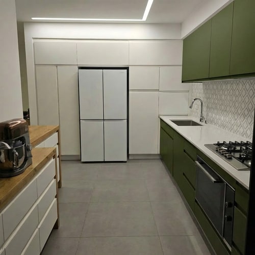 AI Design for Edit the kitchen image so the countertop is changed to a white surface. Add ceramic wall tiles with a diamond pattern on the backsplash area above the countertop. Darken the green color of the cabinets slightly, making it a deeper, richer shade while keeping it natural and realistic. Maintain consistent lighting, proportions, and a photorealistic style throughout the image.”