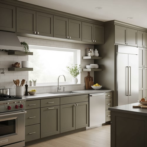 AI Design for Edit the kitchen image so the cabinets in the sink area are changed to a dark khaki green color. Change the countertop to a healthy gray tone. Modify the upper cabinets above the work surface so they are taller and match the same height as the cabinets in the refrigerator area, creating a uniform and continuous cabinet height throughout the entire kitchen. Keep the overall layout, lighting, and materials realistic and consistent with the original image.”