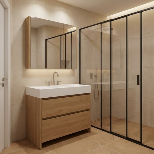 AI Design for All images show the same bathroom space. Redesign this bathroom completely with a modern, warm, high-end style.
Replace the vanity area with a freestanding floor-mounted vanity (not wall-hung). The vanity is made of natural matte oak wood, clean and minimal, with a height of 90 cm and a depth of 55 cm. On top of the vanity sits a white Corian integrated sink with an integrated countertop, seamless and smooth. The faucet comes out of the sink, finished in brushed stainless steel.
Above the sink, place a mirror cabinet with storage, made of natural matte oak wood, with the entire front as a mirror. The depth of the upper cabinet is 20 cm. Install downward-facing lighting above the mirror cabinet, creating soft, elegant illumination.
Next to the vanity area, design a shower enclosure with a clear glass wall and a black aluminum frame, modern and minimal.
Replace all ceramics in the bathroom.
Use 30x30 cm floor tiles in a warm Italian Tuscan tone.
Cover the walls with lighter ceramic tiles, in a brighter shade than the floor, maintaining a harmonious and elegant contrast.
The overall feeling should be modern, warm, natural, and refined, with clean lines, soft lighting, and high-quality materials.