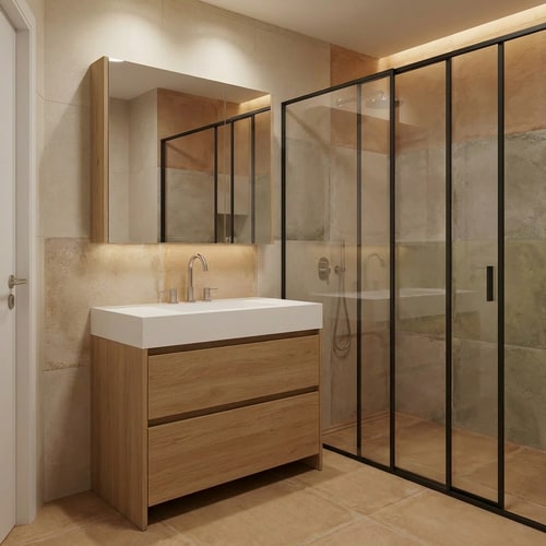 AI Design for All images show the same bathroom space. Redesign this bathroom with a warm Mediterranean desert atmosphere, rich in color yet soft, balanced, and not overpowering.
Update all bathroom ceramics to reflect a desert-inspired Mediterranean palette. Use earthy, sun-washed tones such as sand, warm beige, clay, terracotta, soft olive, and muted stone colors. The colors should feel layered and natural, adding depth and warmth without being loud or overly saturated.
The floor tiles should feature warm desert tones inspired by Mediterranean landscapes, with a natural matte finish.
The wall tiles should be slightly lighter and softer than the floor, creating a calm, harmonious contrast while maintaining visual richness.
The overall ceramic design should feel organic, warm, and inviting, evoking Mediterranean deserts and coastal villages, with a refined, timeless elegance rather than a bold or flashy look.