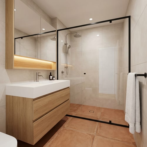 AI Design for A completely redesigned high-end residential bathroom featuring a freestanding natural matte oak vanity (90cm high, 55cm deep) supporting a seamless white Corian integrated sink with a brushed stainless steel deck-mounted faucet, adjacent to a minimal shower enclosure defined by a clear glass and black aluminum frame — An architectural interior shot focusing on the vanity and shower area, utilizing an eye-level perspective suitable for an interior design magazine, showcasing the entirely mirrored oak storage cabinet above the sink — Dominantly warm natural oak wood tones, sophisticated Italian Tuscan terracotta floor tiles (30x30cm), bright white Corian, and lighter coordinating ceramic wall tiles, balanced by minimal matte black accents and stainless steel fixtures — Soft, elegant, and warm illumination; primary downward-facing accent lighting strip mounted above the 20cm deep mirrored cabinet, emphasizing texture and clean lines, avoiding harsh shadows — Architectural rendering, high-fidelity photorealism, modern minimalism, warm design aesthetic — Ensure the vanity is floor-mounted (not wall-hung) and the integrated sink/countertop is perfectly seamless; No text, logos, or labels — A refined, spa-like private residential bathroom environment.