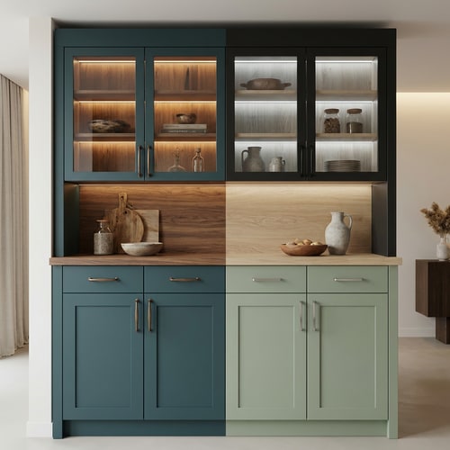 AI Design for Create additional variations of the same wardrobe design, keeping the original proportions and layout, but with subtle changes in materials, colors, and finishes. Modern, clean lines, realistic lighting, high-end interior design render, photorealistic