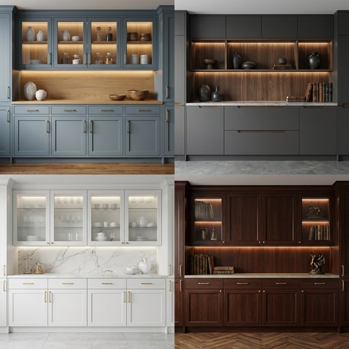 AI Design for Design several luxury variations of the original wardrobe concept, maintaining the same structure but adding premium materials, soft LED lighting, refined textures, elegant modern aesthetic, realistic shadows, high-resolution interior render