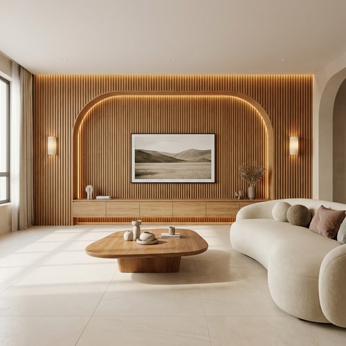 AI Design for A modern living room with a 650cm width and 267cm height featuring a redesigned TV feature wall and organic furniture — Wide-angle architectural perspective capturing the full width of the room from a central viewpoint, A palette of warm natural oak, soft cream, and muted earth tones, Inviting natural light with soft ambient glows from integrated wall lighting, Photorealistic interior design rendering with high-material fidelity, Remove all gray and yellow armchairs and replace the central table with a warm wood organic-shaped coffee table; redesign the TV wall to match the textures and materials of the reference image; maintain the exact 650cm by 267cm room proportions; no text or labels are to be included, A cohesive and minimalist residential interior with clean lines and premium finishes.