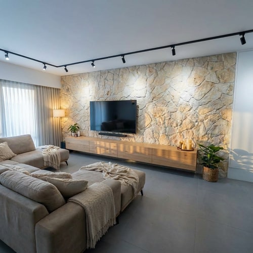 AI Design for render the living room with slightly cooler colors. Replace the lighting with a black ceiling track with adjustable spotlights. Remove the round dining table. Keep all other elements in the room unchanged."