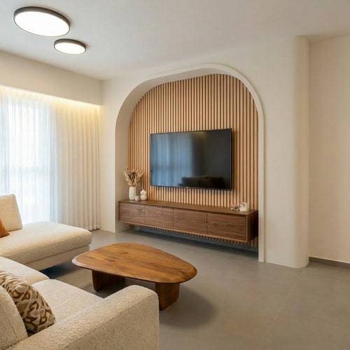 AI Design for Make the outer frame of the arch structure the same shade as the wall. Only the inner part of the arch should be in a wood tone.