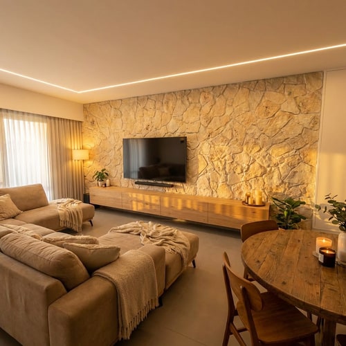 AI Design for "Adjust the room with slightly warmer tones. Replace the sofa with a new one and also replace the dining table. Change the ceiling light fixture to linear strip lighting instead. Maintain a cozy, inviting atmosphere."