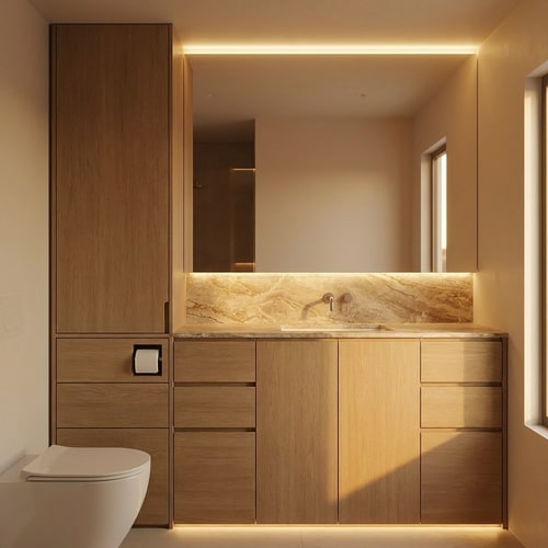 AI Design for Here is a clear and professional prompt in English:
**"Please make all the bathrooms feel slightly warmer in their color tones. Adjust the overall palette to include warmer hues and softer warmth in the lighting. Additionally, make the marble surfaces more visually interesting by enhancing their texture, veining, or pattern while keeping the design elegant and cohesive."**
If you'd like, I can also make it more technical, more creative, or tailored for Midjourney / AI rendering.