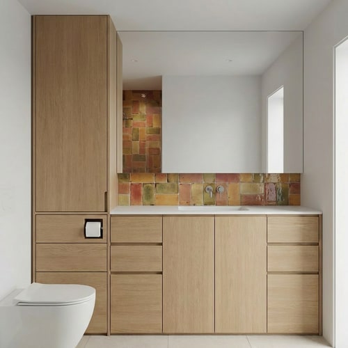 AI Design for se replace the wall tiles with something more colorful, while maintaining a warm and rustic style. The new ceramic should introduce richer tones and subtle variation, but still feel natural, cozy, and harmonious with a warm countryside aesthetic."