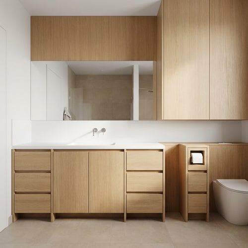 AI Design for Custom matte natural oak bathroom cabinetry and vanity wall — Wide-angle architectural eye-level shot showcasing a functional 185 cm wall layout from the toilet area to the sink, Natural light oak wood, matte textures, crisp white Corian, and neutral ceramic tiles, Bright and clean professional interior design lighting with soft, realistic shadows, Photorealistic architectural photography for a design portfolio, The lower cabinet near the toilet must feature an integrated toilet paper holder with two drawers stacked below it; the sink vanity must be divided into four sections where the two outer sections have three drawers each and the middle section has two hinged doors; the upper cabinet must appear as a single seamless oak panel reaching the ceiling; no text or labels, A compact modern bathroom featuring a white Corian countertop with an integrated sink, a wall-mounted faucet, a 27 cm tiled backsplash, and a full-width mirror.
