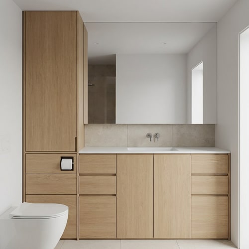 AI Design for Here is a clear and professional prompt in English:
---
These are very small bathroom dimensions. The wall shown in the image is 185 cm long, and the width of the bathroom is 227 cm. Therefore, there is a significant lack of storage, which we are trying to solve through smart cabinetry design.
In the image, we see a cabinet layout. The lower section closest to the toilet is the widest, measuring 48 cm. In this section, we would like to integrate a built-in toilet paper holder. Below it, there should be a drawer for toilet paper storage, and beneath that, an additional drawer.
Above the countertop, there is a tall cabinet reaching all the way to the ceiling. The cabinet front, like the rest of the cabinetry, is finished in natural oak wood. The upper cabinet front should appear as one seamless, unified panel from the outside, as it has a hinged opening.
The continuation of the lower cabinet in the sink area is divided into four equal sections. The right and left sections are each divided into two equal-height drawers and one taller bottom drawer. The middle section, located under the sink, consists of two hinged doors.
All lower cabinet fronts are finished in matte natural oak wood.
The countertop is white Corian with an integrated sink. The faucet is wall-mounted. Above the countertop, there is a mirror that spans the entire width of the wall. The distance between the countertop and the large mirror is 27 cm, and this area is clad in ceramic tile.