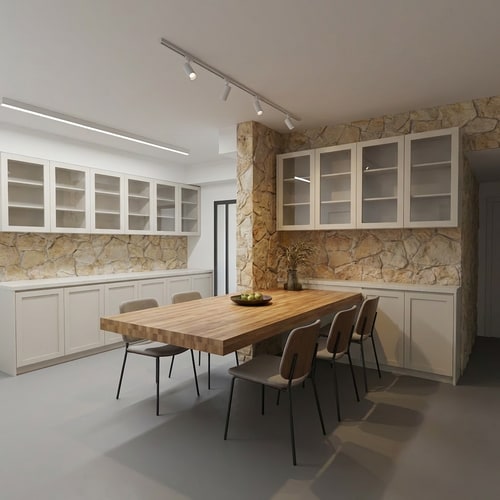 AI Design for כמובן! הנה ניסוח ברור ומדויק באנגלית לפרומט:
---
**Prompt (English):**
Remove the kitchen entirely from the image. Change the shape of the countertop so that the short wall with the stone cladding becomes longer, with a total length of 100 cm. In the area of this wall, shorten the countertop so that its depth is only 40 cm. Below the countertop, add a cabinet with hinged doors. Above the countertop, add upper cabinets with glass doors. The color of all cabinets should be off-white.