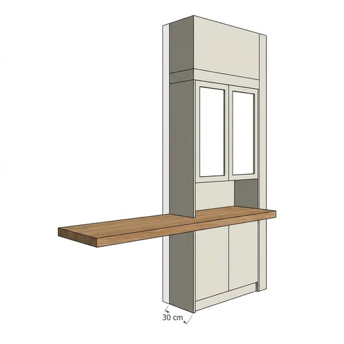 AI Design for Make the cabinet less deep so that it is only 30 cm deep.
The countertop should be deeper than the cabinet.
The countertop is floating (wall-mounted, with no visible supports).
The countertop should be in a natural wood tone.
The cabinet color should be a dark off-white shade.