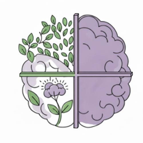 AI Design for Change the green background to white in the upper-left area of the brain and remove most of the small leaves in that space, while keeping the long branches with leaves. In the upper-left area of the brain, remove the loose and individual leaves along the edge, but keep the leaves that are part of branches, leaving only a few within that space. Remove the roots in the lower-right area. Insert the Psi (Ψ) symbol into the design as a very thin 3D element, outlined in black, with colors that match the brain region it crosses. The symbol should be the size of the brain and appear as a single unified design, dividing the brain into four parts, with each part retaining its original colors and patterns.