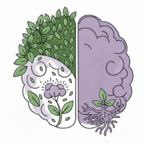 AI Design for Make the background white in the upper-left area of the brain and increase the number of branch leaves in that area. Reduce the number of small leaves overall. Additionally, add a few roots in the lower-right area, using colors within the existing color palette, with a green sprout emerging from them that has three leaves. Only make these changes; do not remove the flowers or the existing background in the lower-left area.