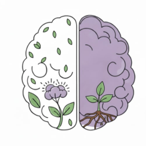 AI Design for Make the background white in the upper-left area of the brain and reduce the number of small leaves. Additionally, add a few roots in the lower-right area, with a green sprout emerging from them that has three leaves.