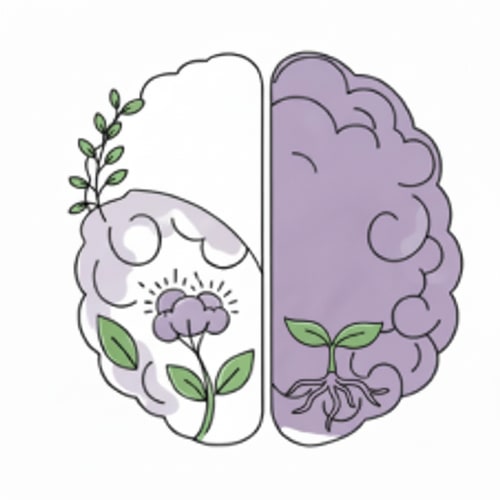 AI Design for Change the green background to white in the upper-left area of the brain and remove half of the small leaves in that space, while keeping the long branches with leaves. Change the green background to white in the upper-left area of the brain and remove most of the small leaves in that space, while keeping the long branches with leaves. Additionally, add a few roots in the lower-right area inside the brain, colored light purple, with a green sprout emerging from them that has three leaves. Remove half of the loose small leaves in the upper-left area of the brain. Keep the long branches with leaves intact. remove more smalls   leaves in the upper-left area of the brain. Remove the loose and individual leaves along the edge of the upper-left area of the brain.