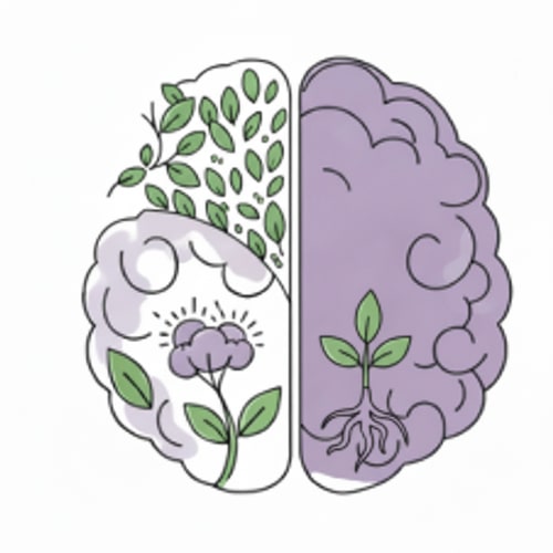 AI Design for Change the green background to white in the upper-left area of the brain and remove half of the small leaves in that space, while keeping the long branches with leaves. Change the green background to white in the upper-left area of the brain and remove most of the small leaves in that space, while keeping the long branches with leaves. Additionally, add a few roots in the lower-right area inside the brain, colored light purple, with a green sprout emerging from them that has three leaves.