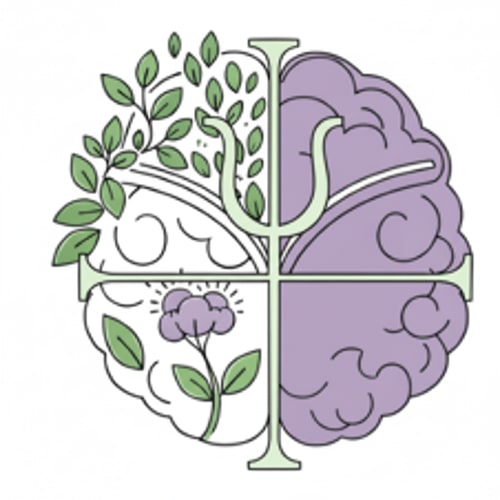 AI Design for Remove the hand from the design. Reduce the green color in the upper-left area of the background, making the background whiter while keeping the existing leaves and flowers. Maintain the vivid, vibrant color style of the original artwork. Make the Psi (Ψ) symbol thinner and more delicate, remove the horizontal lines inside its vertical stroke, and integrate the symbol with the brain so they form a single unified design. The Psi symbol must be large enough to divide the brain according to its shape, and its color should smoothly adapt to the dominant colors of the specific brain region it crosses. Apply only these modifications and preserve the overall original aesthetic.