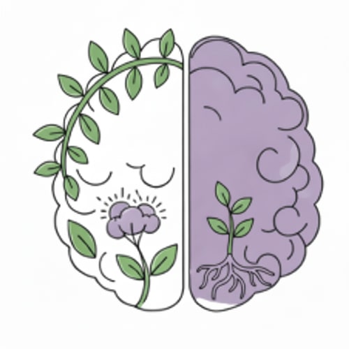 AI Design for Change the green background to white in the upper-left area of the brain and remove half of the small leaves in that space, while keeping the long branches with leaves. Change the green background to white in the upper-left area of the brain and remove most of the small leaves in that space, while keeping the long branches with leaves. Additionally, add a few roots in the lower-right area inside the brain, colored light purple, with a green sprout emerging from them that has three leaves. Remove half of the loose small leaves in the upper-left area of the brain. Keep the long branches with leaves intact. remove more smalls   leaves in the upper-left area of the brain. Remove the leaves along the edge of the upper-left area of the brain.