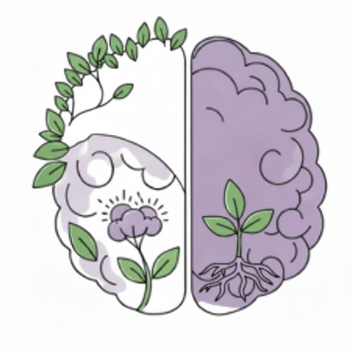 AI Design for Change the green background to white in the upper-left area of the brain and remove half of the small leaves in that space, while keeping the long branches with leaves. Change the green background to white in the upper-left area of the brain and remove most of the small leaves in that space, while keeping the long branches with leaves. Additionally, add a few roots in the lower-right area inside the brain, colored light purple, with a green sprout emerging from them that has three leaves. Remove half of the loose small leaves in the upper-left area of the brain. Keep the long branches with leaves intact. remove more smalls   leaves in the upper-left area of the brain. Remove the individual leaves along the edge of the upper-left area of the brain.